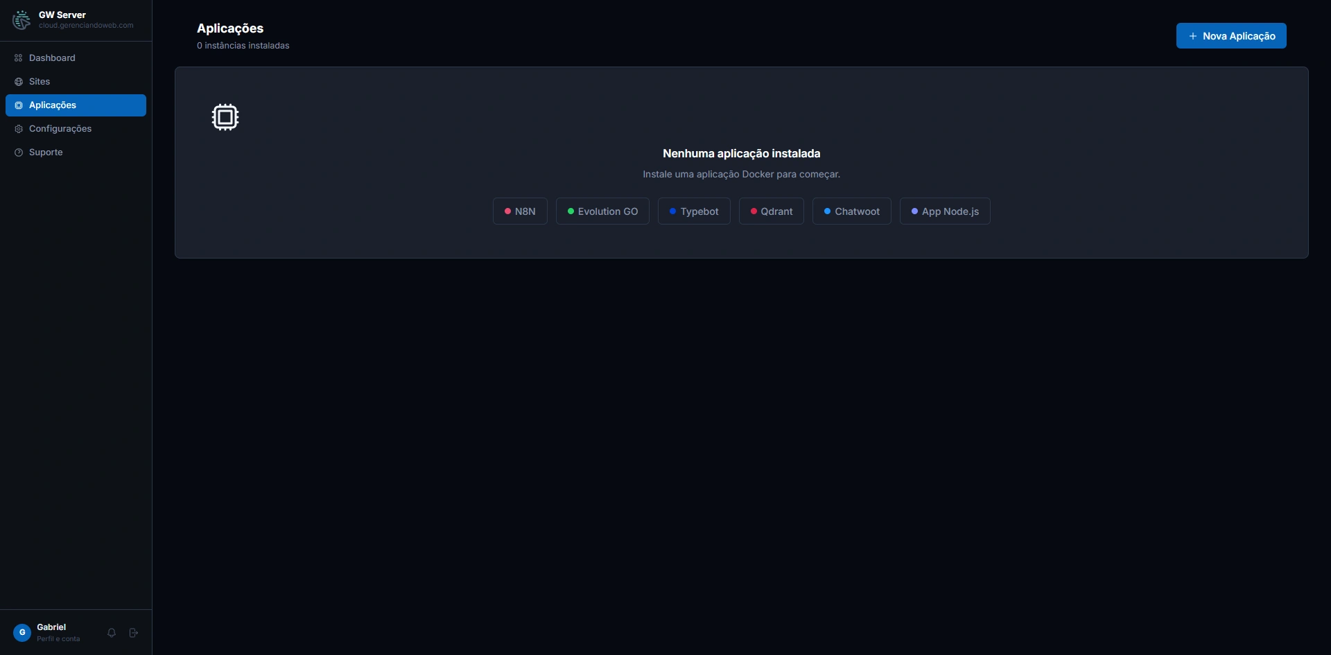 Tela de Aplicações com n8n, Evolution GO, Typebot, Qdrant, Chatwoot e Node.js