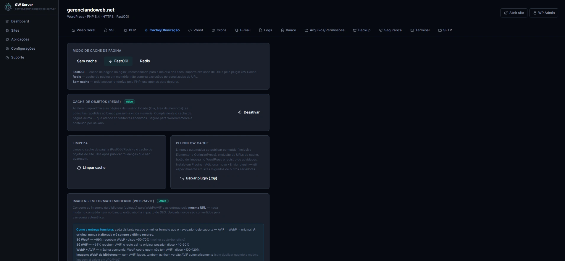 Aba Cache/Otimização, com os modos de cache, cache de objetos Redis e imagens em formato moderno