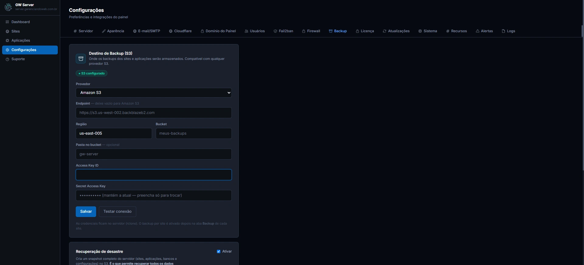 Configuração do destino S3 para backup automático