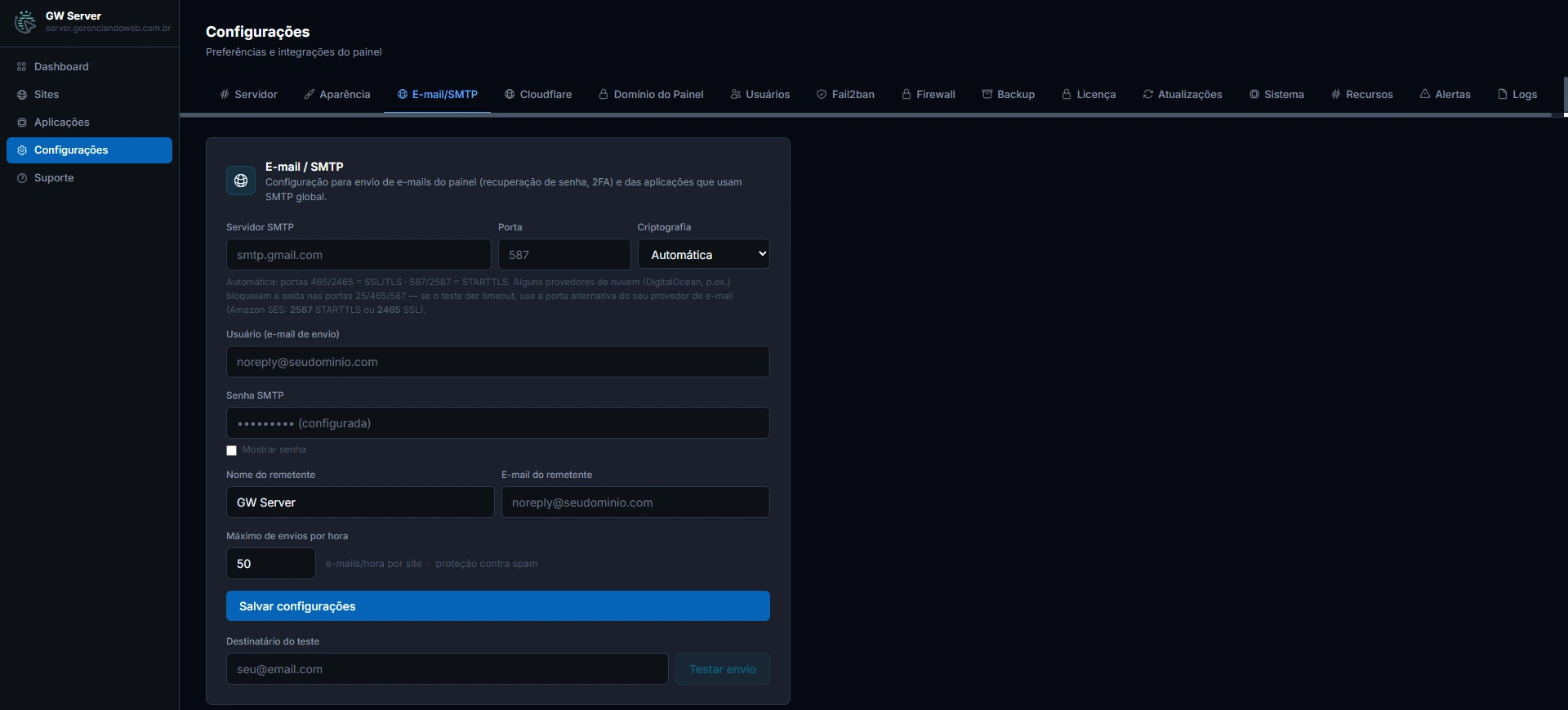 Aba E-mail/SMTP, com servidor, porta, criptografia, remetente e limite de envios por hora