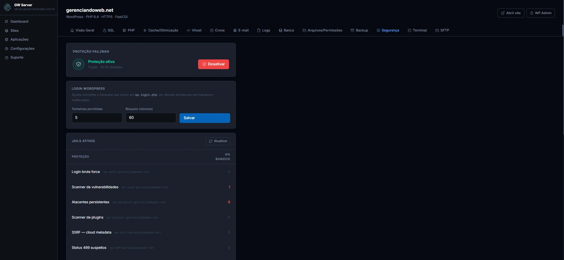 Aba Segurança de um site WordPress, com o limite de tentativas de login e as jails ativas
