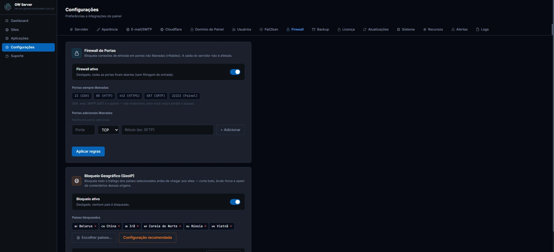 Aba Firewall, com as portas sempre liberadas e o bloqueio geográfico por país
