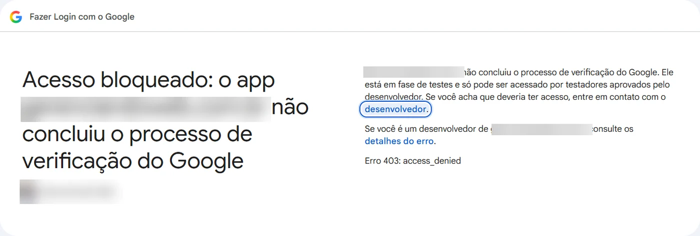 Erro do Google: acesso bloqueado porque o app está em fase de testes