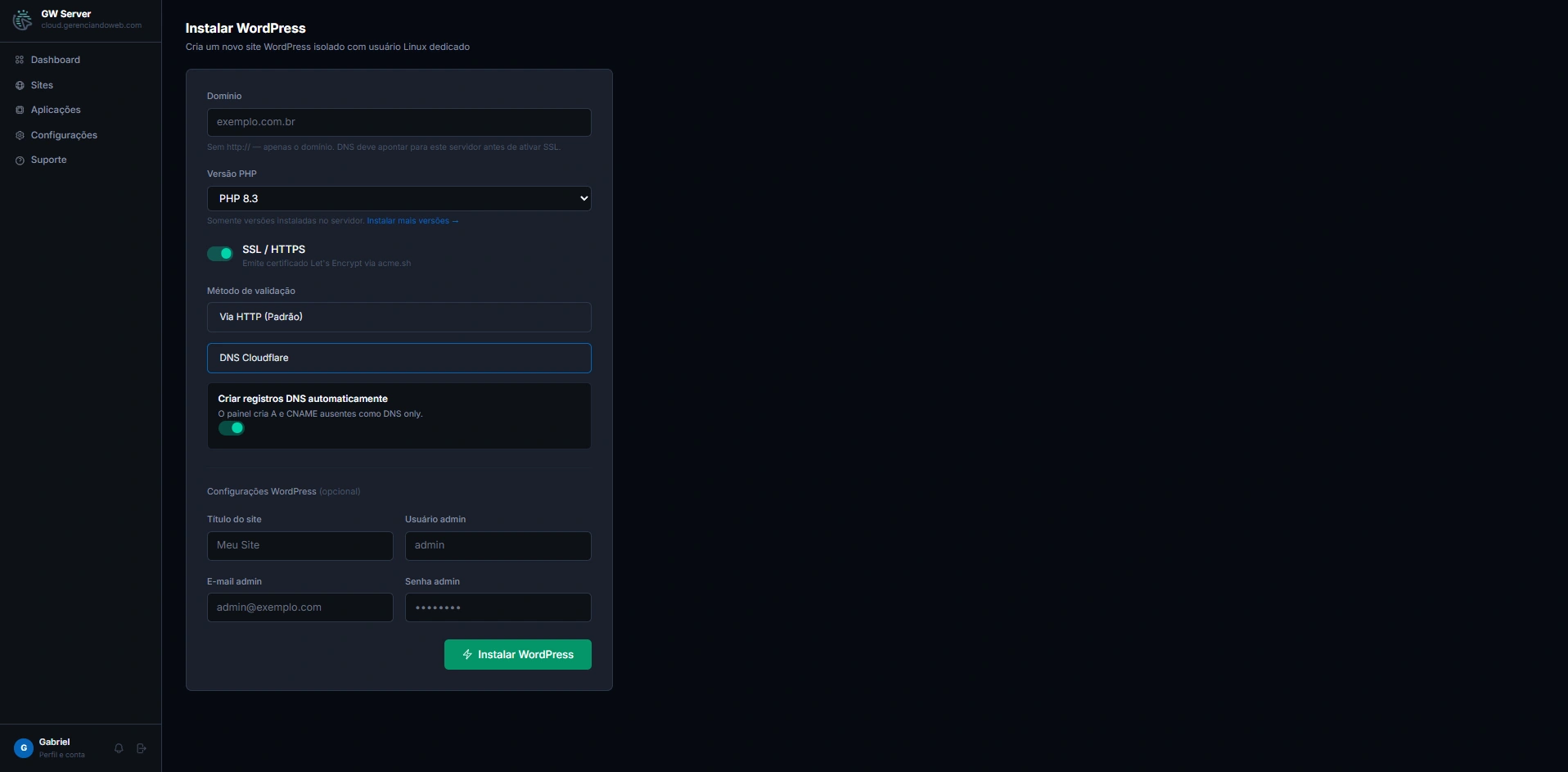 Instalador de WordPress do GW Server