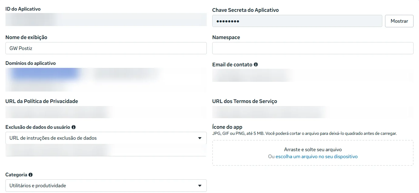 Configurações básicas do app da Meta: ID e chave secreta, domínios, política de privacidade, termos, exclusão de dados e categoria