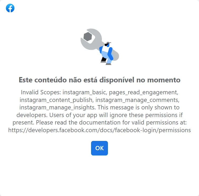 Erro do Facebook: Invalid Scopes, listando as permissões que faltam no app