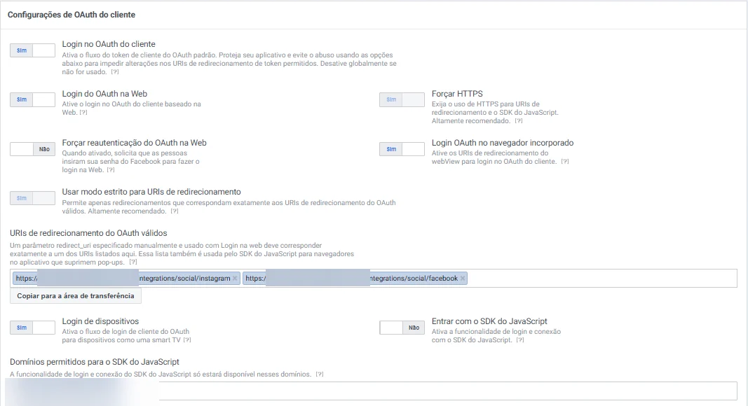 Configurações de OAuth do cliente no Login do Facebook para Empresas, com o modo estrito ligado e os dois endereços de retorno do Postiz
