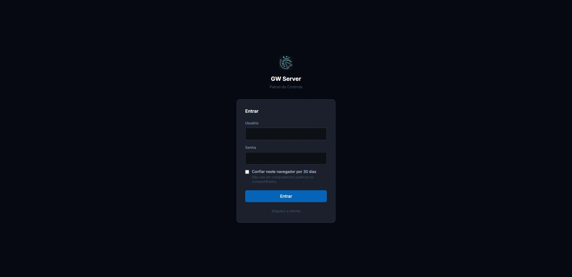 Tela de login do GW Server, com usuário, senha e a opção de confiar no navegador