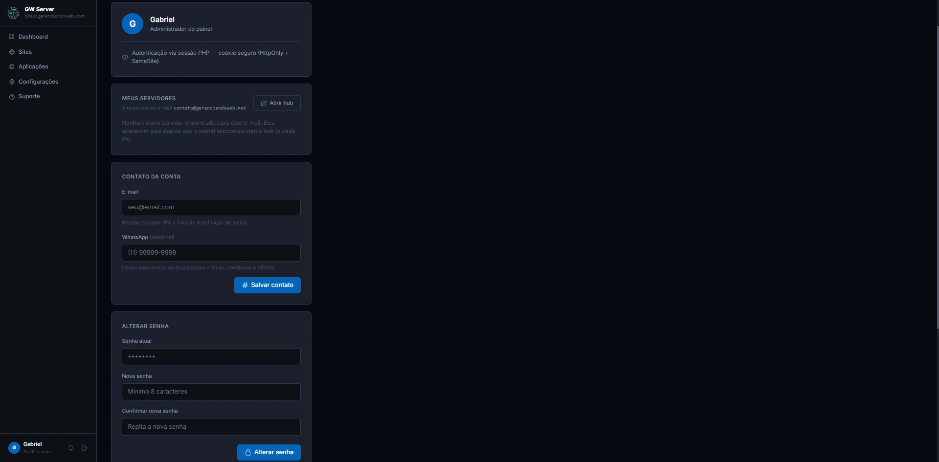 Tela de perfil e conta, com contato, verificação em duas etapas e troca de senha