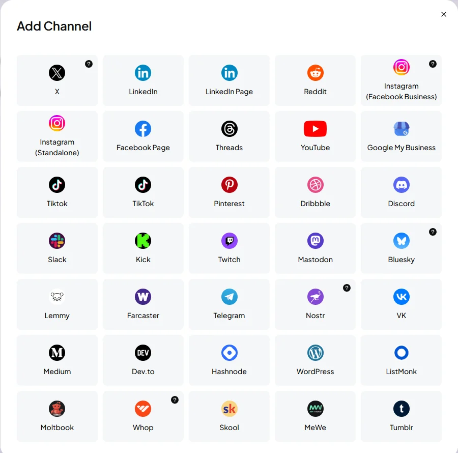 Tela Add Channel do Postiz, com Instagram (Facebook Business), Instagram (Standalone), Facebook Page, YouTube e as demais redes
