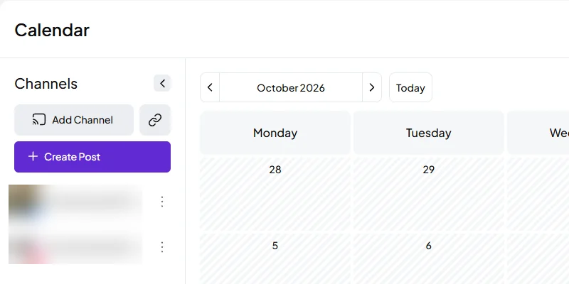 Postiz com os canais conectados no menu Channels, um da Página do Facebook e um do Instagram