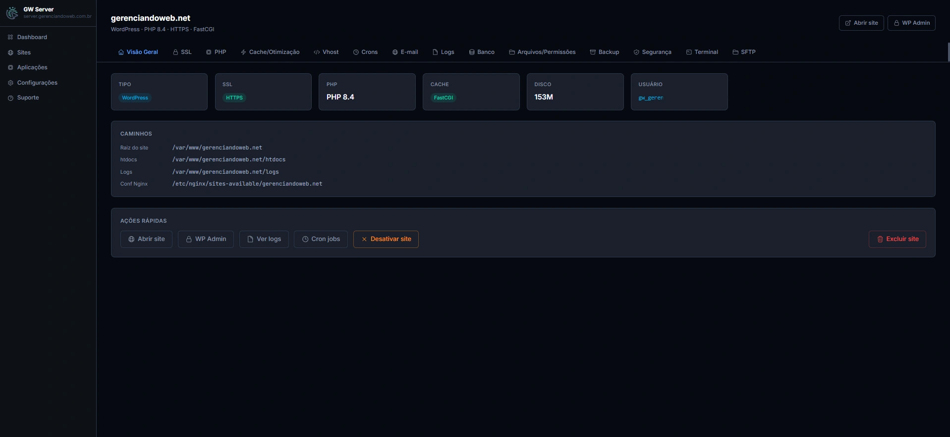 Aba Visão Geral de um site, com tipo, SSL, PHP, cache, caminhos e ações rápidas